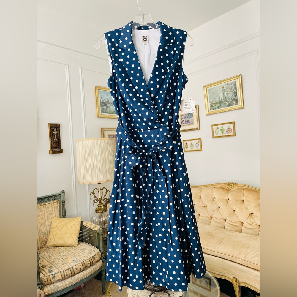 Anne Klein Cotton Dress Navy Blue Polka Dot Belted Fit & Flare Cadet Combo NWT - Picture 2 of 12